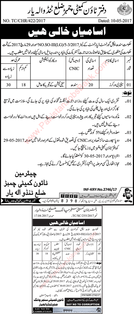 Sanitary Worker Jobs in Town Committee Tando Allahyar 2017 May Latest