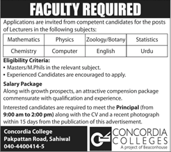Lecturer Jobs in Concordia College Sahiwal 2017 May Latest