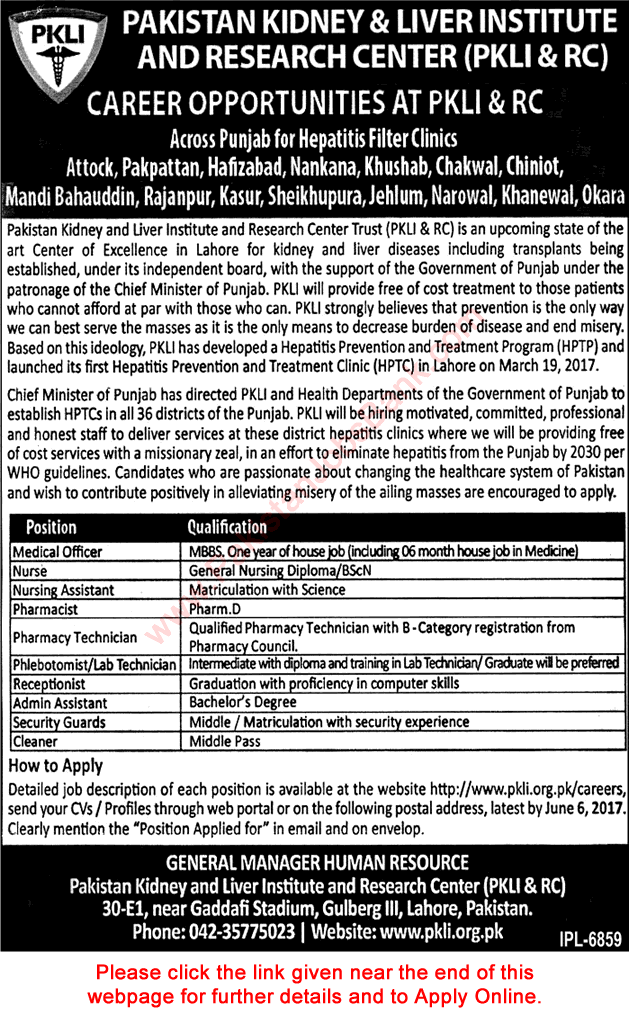 Pakistan Kidney and Liver Institute Jobs May 2017 June PKLI Apply Online for Hepatitis Filter Clinics Latest