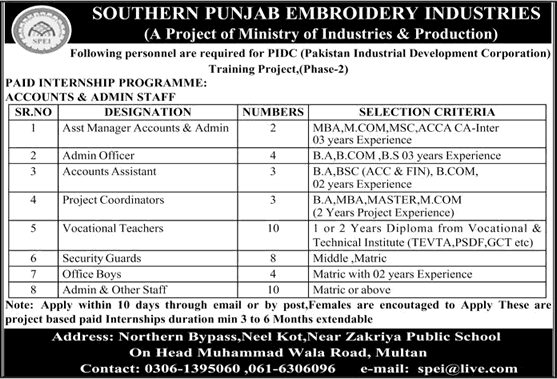 Southern Punjab Embroidery Industries Multan Jobs 2017 June Vocational Teachers, Admin & Others Latest
