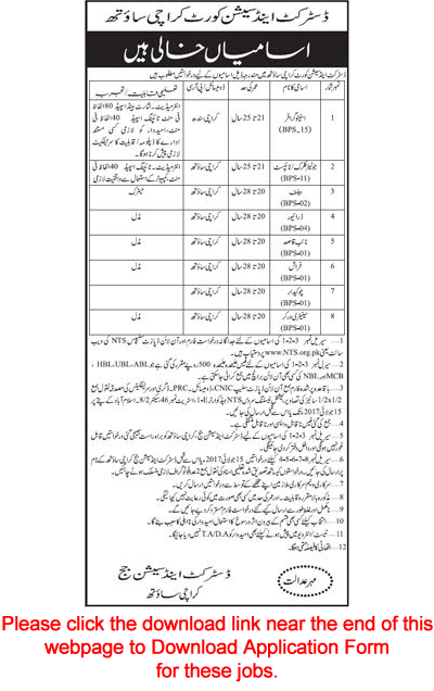 District and Session Court Karachi South Jobs 2017 June NTS Application Form Clerks, Stenographers & Others Latest