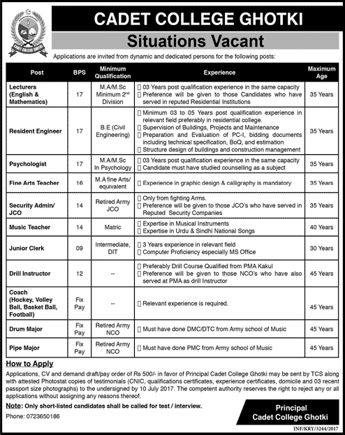 Cadet College Ghotki Jobs June 2017 Lecturers, Teachers & Others Latest