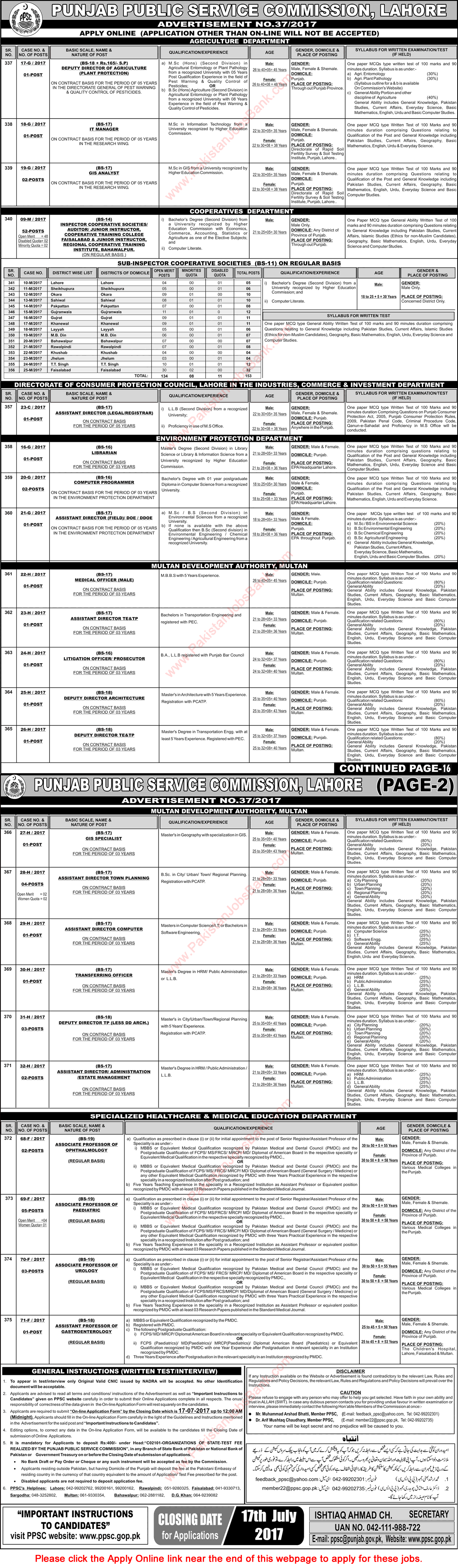 PPSC Jobs July 2017 Apply Online Consolidated Advertisement No 37/2017 Latest