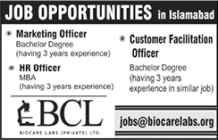 Biocare Labs Islamabad Jobs July 2017 Marketing, HR & Customer Facilitation Officer BCL Latest