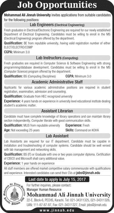 MAJU Karachi Jobs July 2017 Lab Engineers / Instructors & Others Mohammad Ali Jinnah University Latest
