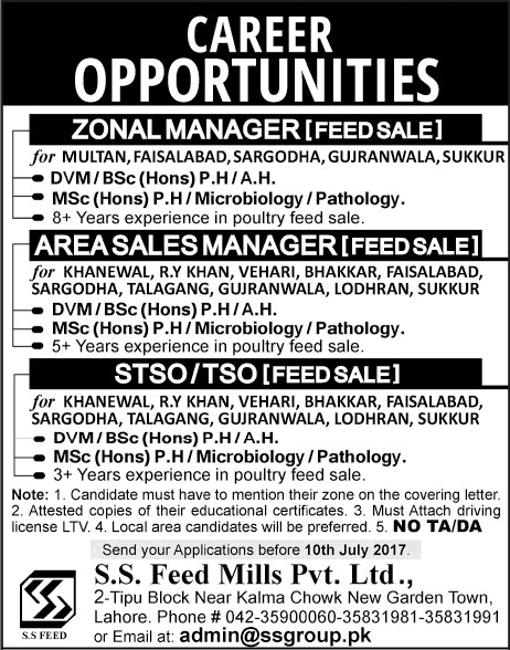 SS Feed Mills Pvt Ltd Pakistan Jobs 2017 July Sales Managers & Officers Latest