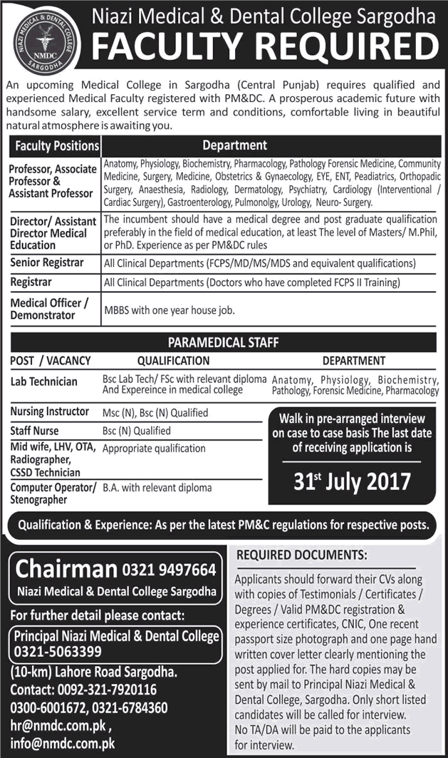 Niazi Medical and Dental College Sargodha Jobs 2017 July Teaching Faculty, Medical Officers & Others Latest