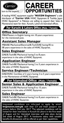 NUCON Engineers Pvt Ltd Pakistan Jobs 2017 July Sales Engineers, Office Secretary & Others Latest