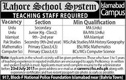 Teaching Jobs in Lahore School System Islamabad Campus 2017 July Latest