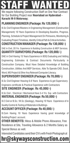 Skyway Construction Company Jobs in Sindh 2017 July Civil Engineers & Others Latest