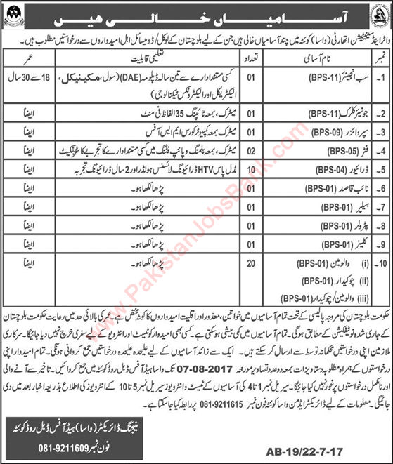 WASA Quetta Jobs 2017 July Valve Man, Chowkidar, Drivers & Others Water and Sanitation Authority Latest