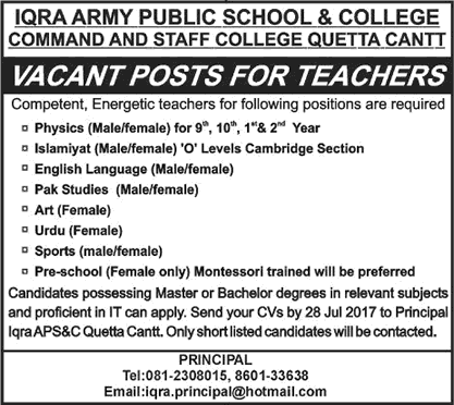 Iqra Army Public School and College Quetta Jobs July 2017 Teaching Faculty Latest