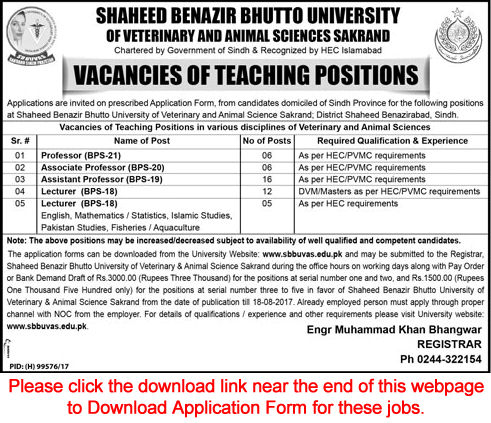 Shaheed Benazir Bhutto University of Veterinary & Animal Sciences Sakrand Jobs 2017 July Application Form Latest