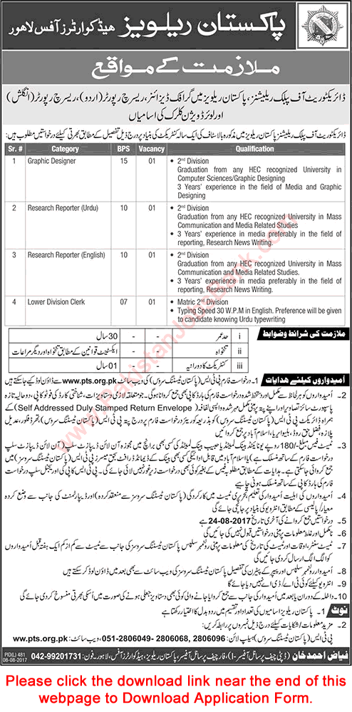 Pakistan Railways Lahore Jobs August 2017 PTS Application Form Download Latest