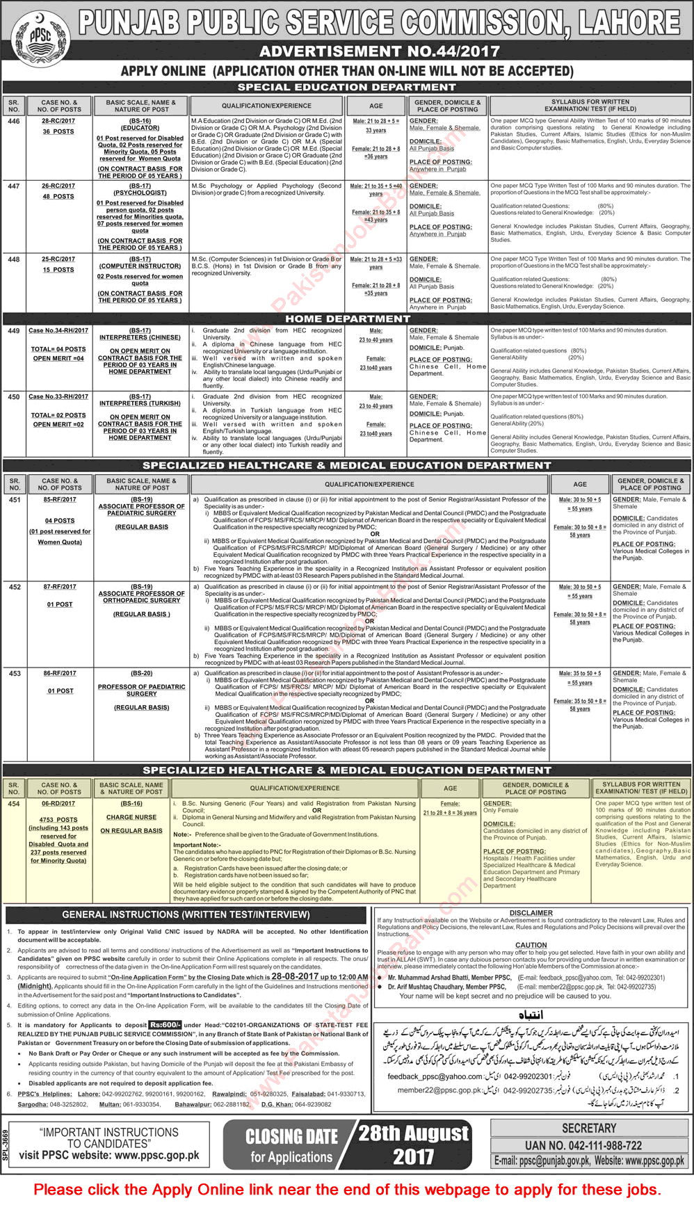 Charge Nurse Jobs in Specialized Healthcare & Medical Education Department Punjab August 2017 PPSC Apply Online Latest