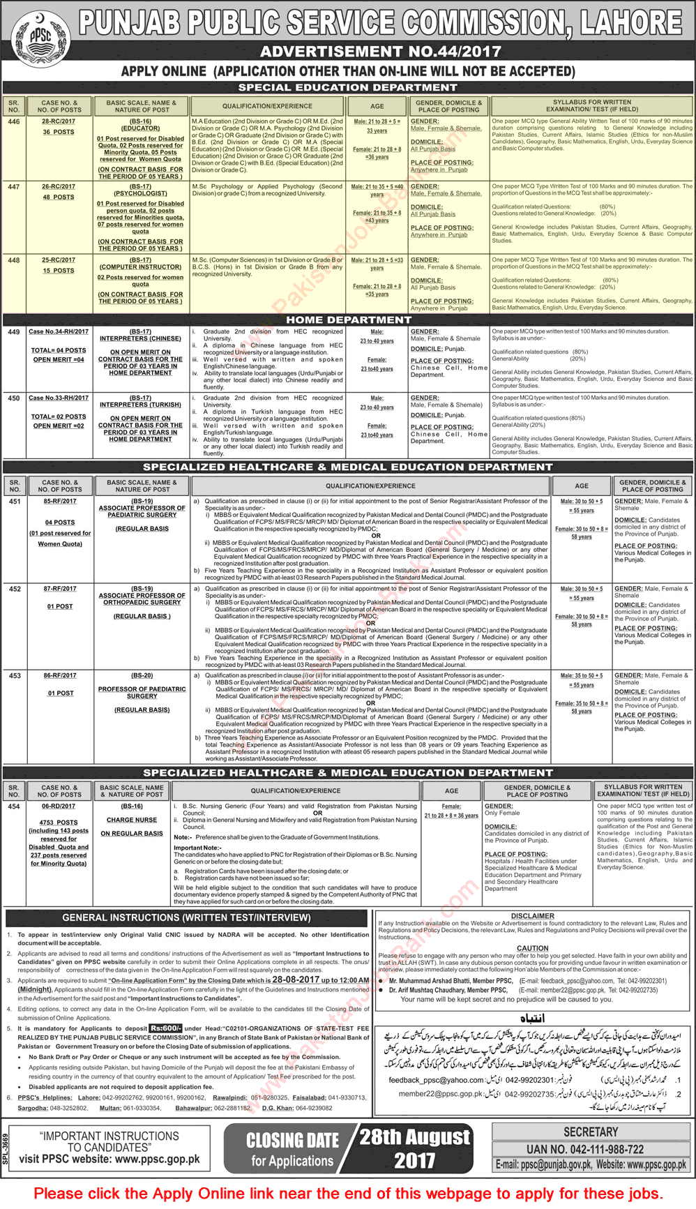 Special Education Department Punjab Jobs August 2017 PPSC Apply Online Educators, Psychologists & Computer Instructors Latest