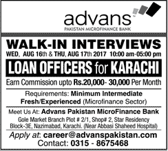 Loan Officer Jobs in Advans Pakistan Microfinance Bank Karachi August 2017 Walk In Interview Latest