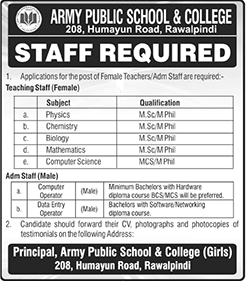 Army Public School and College Rawalpindi Jobs August 2017 Teachers & DEO & Computer Operator Latest