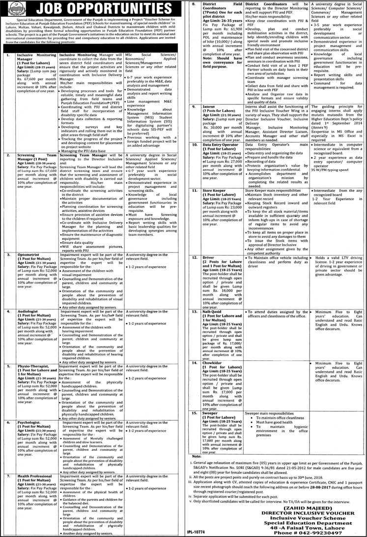 Special Education Department Punjab Jobs August 2017 District Field Coordinators, Interns & Others Latest
