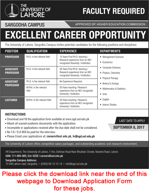 University of Lahore Sargodha Campus Jobs August 2017 UOL Application Form Teaching Faculty Latest