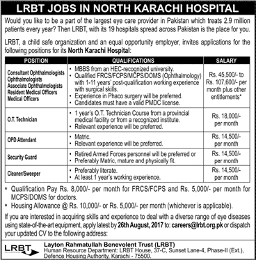 LRBT Jobs August 2017 Karachi Medical Officers, Consultants, Security Guards & Others Latest