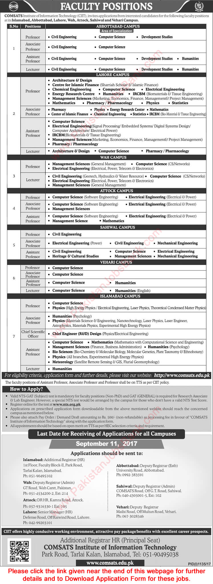 COMSATS Jobs August 2017 September CIIT Application Form Teaching Faculty & Chief Scientific Officer Latest