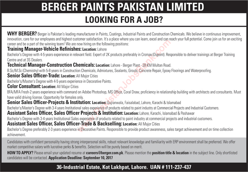 Berger Paints Pakistan Jobs 2017 August / September Sales Officers, Color Consultants & Others Latest