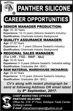 Panther Silicone Lahore Jobs 2017 August / September Regional Sales Managers & Others Latest