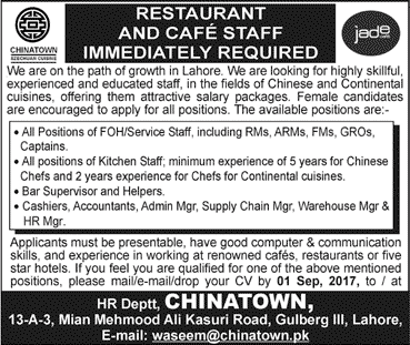 Chinatown Restaurant Lahore Jobs August 2017 September Managers, Chefs / Cooks & Others Latest