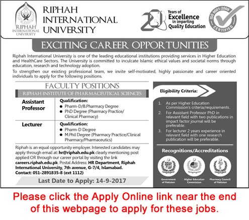 Riphah International University Islamabad Jobs September 2017 Apply Online Teaching Faculty Latest