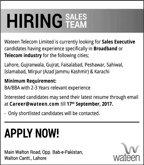 Sales Executive Jobs in Wateen Telecom Limited Pakistan 2017 September Latest