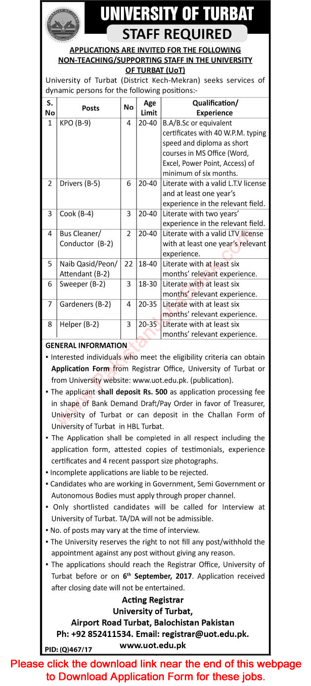 University of Turbat Jobs September 2017 Application Form Naib Qasid / Peons, Drivers & Others Latest