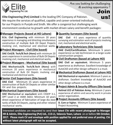 Elite Engineering Pvt Ltd Pakistan Jobs September 2017 Managers, Supervisors & Others Latest