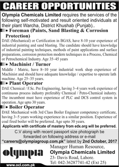 Olympia Chemicals Limited Jobs 2017 September Warcha Khushab Plant / Boiler Operators & Others Latest