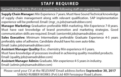 Samad Rubber Works Pvt Ltd Lahore Jobs September 2017 Sales Executive, Marketing Manager & Others Latest