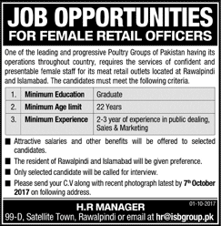 Female Retail Officer Jobs in Rawalpindi / Islamabad 2017 October Poultry Group Latest