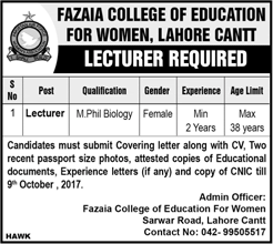 Lecturer Jobs in Fazaia College of Education for Women Lahore October 2017 Latest