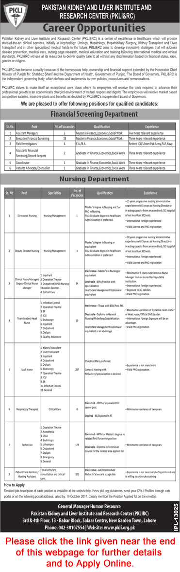 Pakistan Kidney and Liver Institute Jobs October 2017 PKLI Apply Online Staff Nurses, Medical Technicians & Others Latest