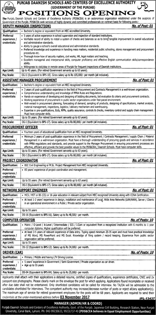 Punjab Daanish Schools and Center of Excellence Authority Jobs October 2017 Computer Operators, Drivers & Others Latest