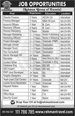 Rehman Group of Travels Pakistan Jobs October 2017 Marketing Officers, Graphic Designers &  Others Latest