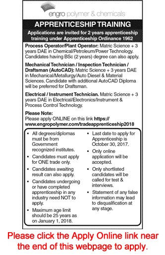 Engro Polymer and Chemicals Apprenticeship Training 2017 October Apply Online DAE Engineers Latest