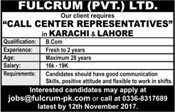 Call Center Representative Jobs in Karachi & Lahore October 2017 November at Fulcrum Pvt Ltd Latest