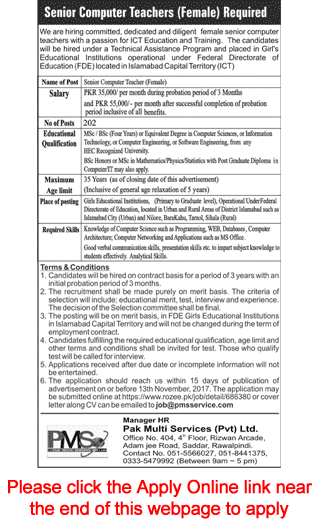 Female Computer Teacher Jobs in Pak Multi Services Pvt Ltd Pakistan 2017 October / November Apply Online Latest