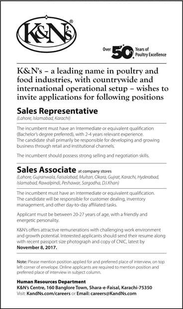 K&Ns Jobs October 2017 November for Sales Associates & Representative Latest / New
