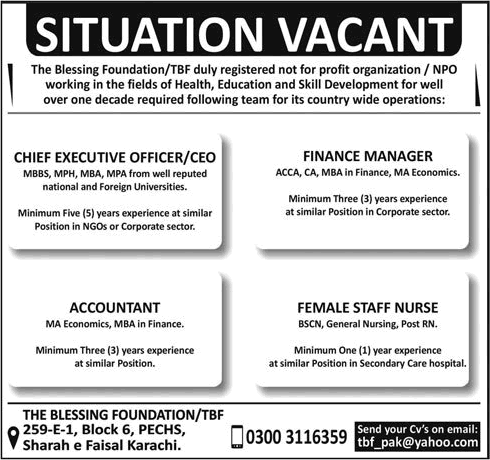 The Blessing Foundation Karachi Jobs 2017 October / November Staff Nurse, Accountant & Others Latest