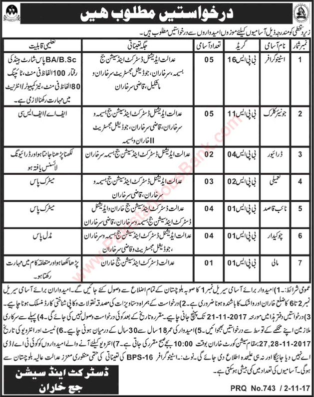 District and Session Court Kharan Jobs 2017 November Stenographer, Clerks, Naib Qasid & Others Latest