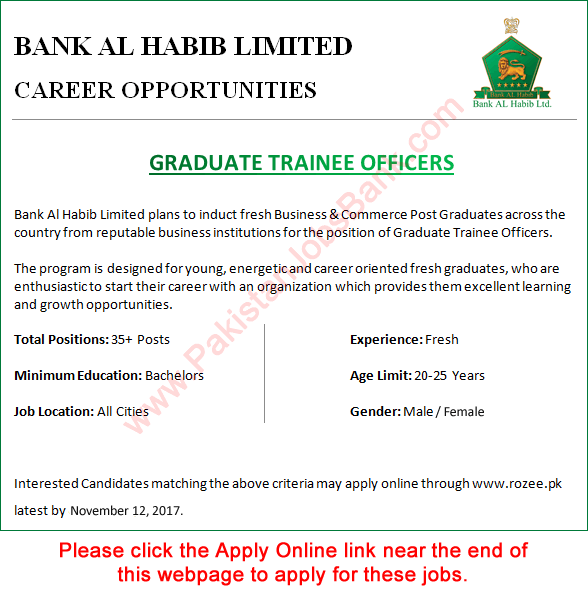 Graduate Trainee Officer Jobs in Bank Al Habib November 2017 Apply Online Latest / New