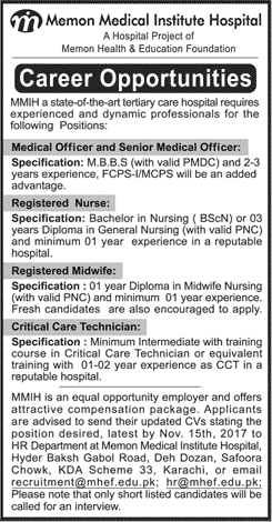 Memon Medical Institute Hospital Karachi Jobs 2017 November Medical Officers, Nurse & Others Latest