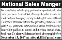 Sales Manager Jobs in Karachi November 2017 Cosmetic Company Latest