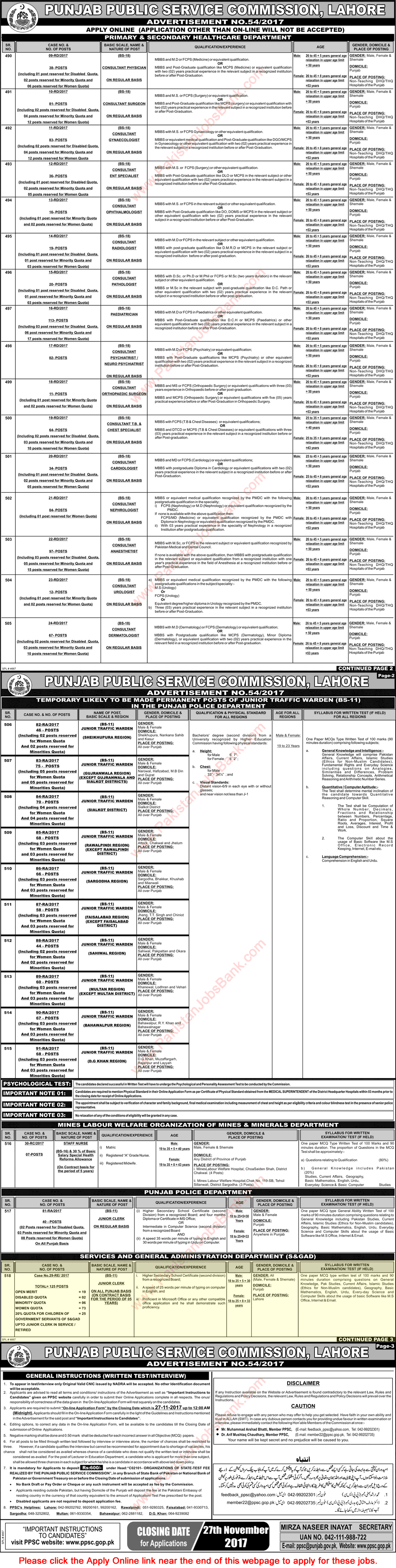 Clerk Jobs in Services and General Administration Department Punjab November 2017 PPSC Apply Online Latest